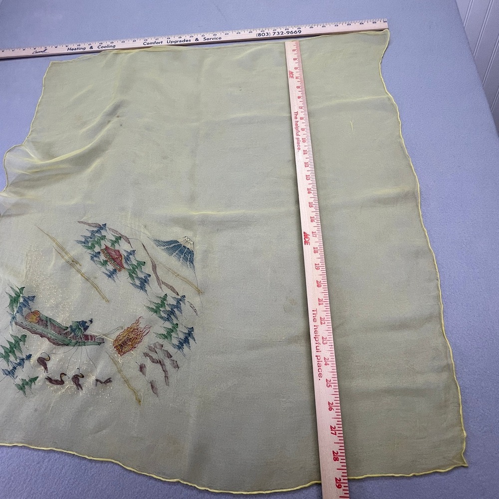 Vintage Hand Painted Japanese Scarf Mount Fuji Pagoda Fisherman Yellow 34in READ - Picture 10 of 12